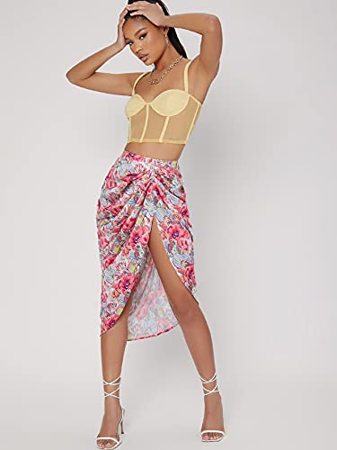 Floerns Women s Boho Floral Print Split Thigh Satin Ruched Midi Skirt