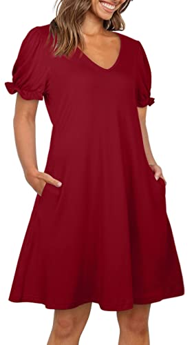 Aloodor Women s Casual Dresses Short Sleeve V-Neck Dress with Pockets