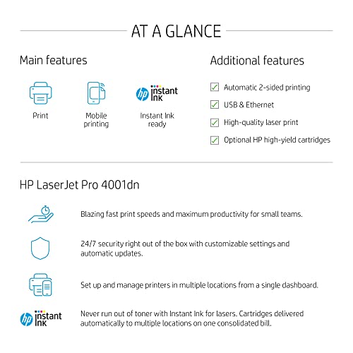 HP Laserjet Pro 4001 dn Single-Function Monochrome Laser Printer, White - Print only - Mobile Printing, 42 ppm, 1200 x 1200 dpi, Auto 2-Sided Printing, 8.5 x 14, Ethernet, Hi-Speed USB