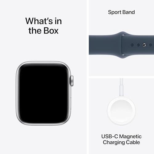 Apple Watch SE (2nd Gen) [GPS + Cellular 44mm] Smartwatch with Silver Aluminum Case with Storm Blue Sport Band S/M. Fitness & Sleep Tracker, Crash Detection, Heart Rate Monitor