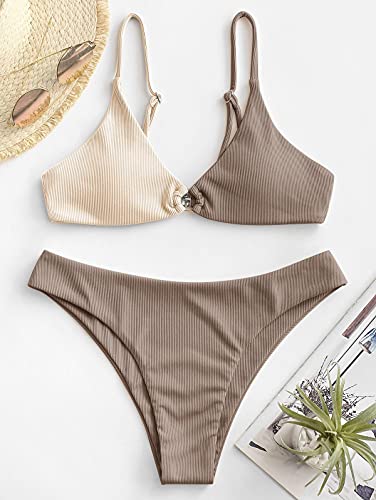 ZAFUL Women s Ribbed O-Ring String Bikini Swimsuit Cheeky Thong Swimwear Two Pieces Bathing Suit