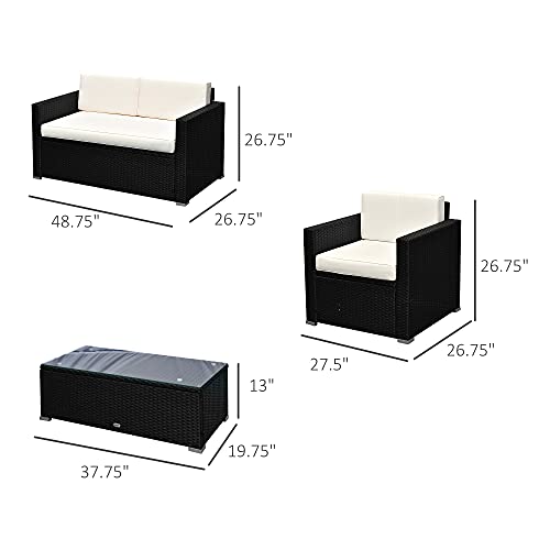 Outsunny 4-Piece Cushioned Patio Furniture Set, with 2 Chairs, Loveseat, and Glass Coffee Table, Rattan Wicker, Black